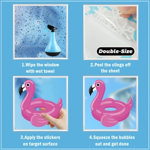 Four-step installation guide for static flamingo window stickers with spray bottle