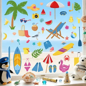 Detail of summer window clings featuring palm trees and beach elements on a window pane