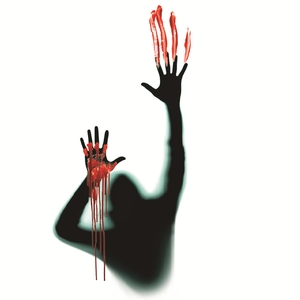 Detail of Halloween silhouette wall decal featuring bloody handprints on a white background