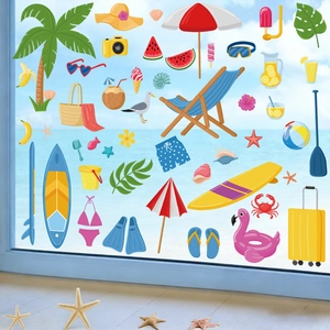 Detail of Hawaii beach window stickers featuring palm trees and summer gnome elements