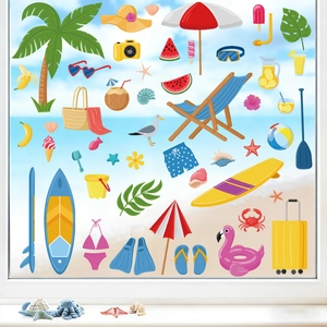 Detail of summer beach static stickers with flamingos and palms on a glass window
