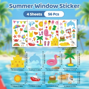 Detailed size chart for 56 summer theme static window stickers featuring beach elements