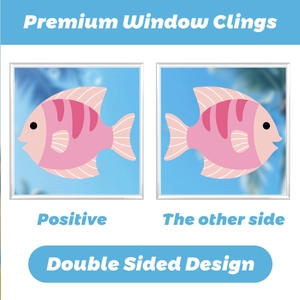 Double-sided cartoon fish window clings showing positive and other side printed design