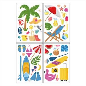 Summer beach window stickers set with palm trees and flamingos for shop decor
