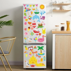 Detailed summer beach stickers on a white fridge including sun, palm trees, and dolphins