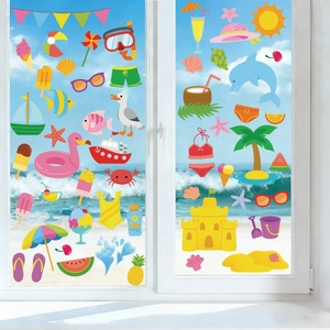 Detail of colorful Hawaiian summer beach window clings with flamingos and palm trees