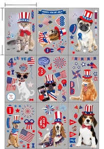 Détails planche 20x30cm de 9 stickers statiques patriotes chiens et chats du 4 juillet