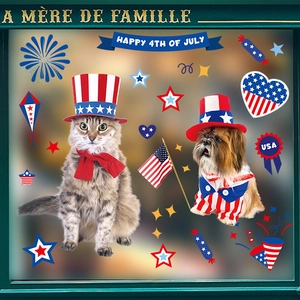 Détail de stickers de fenêtre du 4 juillet avec animaux patriotes et feu d'artifice