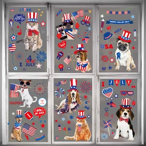 Stickers de fenêtre patriotiques du 4 juillet avec chats, chiens, drapeaux US et feu