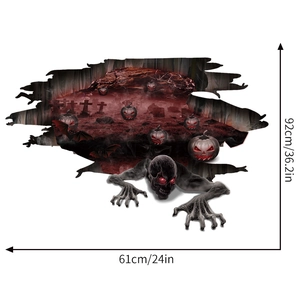 3D Halloween floor sticker featuring scary skull and pumpkins, size 92cm x 61cm