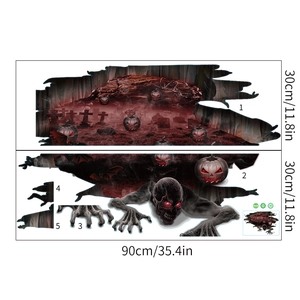 Detailed Halloween wall decal layout with glowing pumpkins, skulls, and eerie graveyard