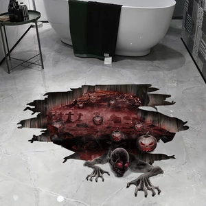 3D Halloween floor decal featuring spooky zombies and pumpkins in a broken ground scene