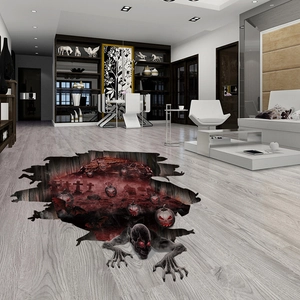Spooky 3D Halloween floor decal featuring a zombie climbing out of a haunted pumpkin grave
