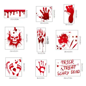 Detailed size chart for Halloween blood handprint and footprint wall stickers in inches and cm