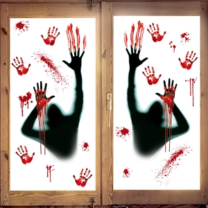 Autocollants de fenêtre Halloween avec silhouettes sombres et empreintes de mains ensanglantées
