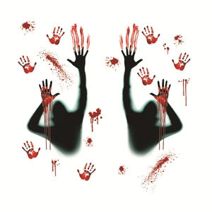 Détail de stickers Halloween avec silhouettes noires et empreintes de mains ensanglantées