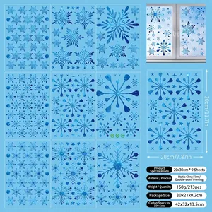Detail of snowflake static window stickers set showing 9 sheets with 213 pieces for Christmas