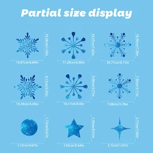 Size chart showing 9 types of blue snowflake and star static window stickers with dimensions