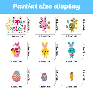 Size chart for Easter window stickers showing rabbits, eggs, and carrots dimensions