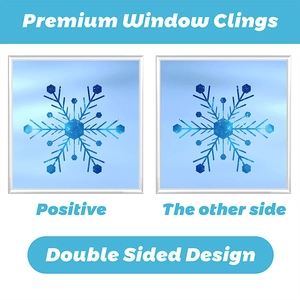 Close-up of double-sided blue glitter snowflake window clings with identical visual effect