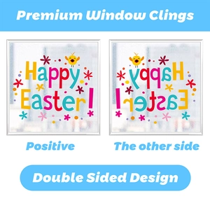 Double-sided Happy Easter window clings featuring cartoon chicks and vibrant flowers