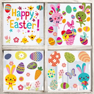 Detailed view of Happy Easter static window clings with rabbits and colorful eggs on glass
