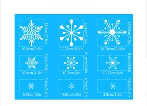 Size chart for 9 styles of white snowflake window clings with detailed measurements