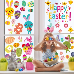 Easter window stickers with bunnies and eggs shown in a festive home setting