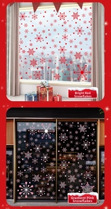 Detail of red and gradient pink snowflake window stickers for Christmas glass decoration