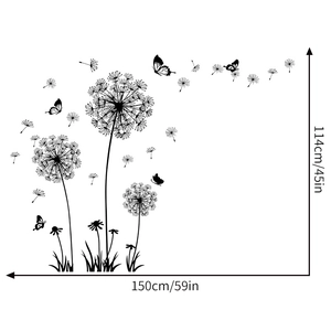 Detailed size chart for black dandelion wall sticker with butterfly pattern dimensions