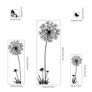 Detailed dimensions of black dandelion silhouette wall stickers and butterfly decals