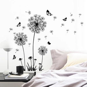 Minimalist black dandelion wall decals with flying seeds and butterflies for bedroom decor