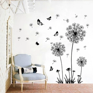 Modern black dandelion wall sticker set with butterflies for living room wall decor
