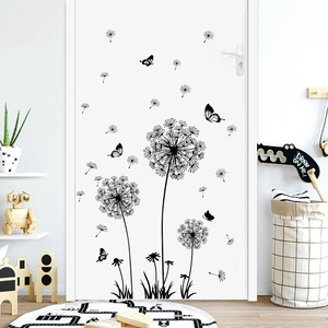 Detail of minimalist black dandelion and butterfly wall stickers on a white bedroom door