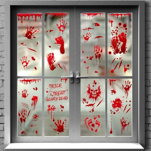 Halloween bloody handprint window decals with skulls and scary text for party decoration