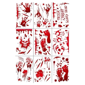 Halloween bloody handprint wall stickers set with skulls and scary text for party decor