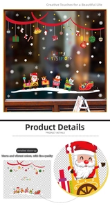 Detail of Christmas train stickers featuring Santa and reindeer on glass window decor