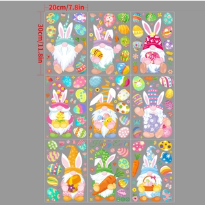 Set of 9 Easter window stickers featuring gnomes, eggs and carrots, size 20x30cm
