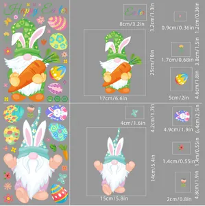 Detailed size specifications for Easter gnome window clings with various colorful elements