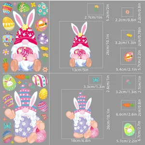 Detailed size chart for Easter gnome window stickers with egg and carrot dimensions