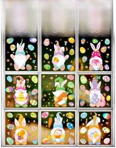 Detailed view of nine Easter gnome window clings with colorful eggs and bunny ears