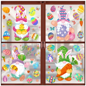 Close-up of Easter window stickers with cartoon gnomes, colorful eggs and flower patterns