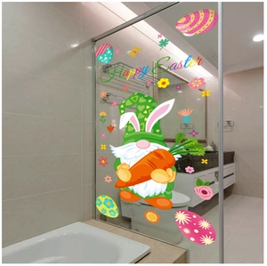Detailed view of Happy Easter gnome and egg stickers applied on bathroom glass door