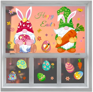 Detailed view of Easter window decals with cute gnomes, colorful eggs and Happy Easter text