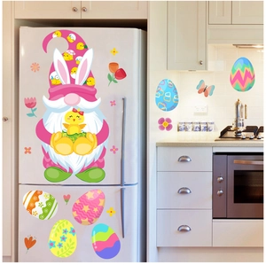 Easter gnome and colorful eggs decals applied on a kitchen fridge and tiled wall surface