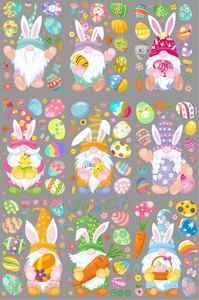 Detail of PVC Easter gnome stickers with colorful eggs, rabbits and flower patterns