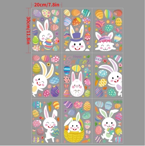 Detailed set of 9 Easter window stickers with cartoon rabbits and colored eggs patterns