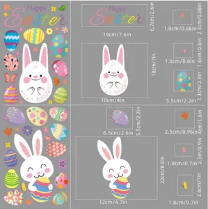 Size guide for Easter bunny and egg window stickers showing detailed measurements