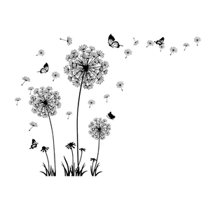 Minimalist black dandelion wall stickers with flying seeds and butterfly silhouettes