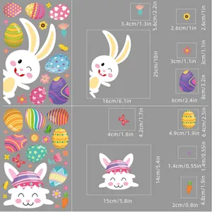 Detailed size chart for Easter window decals featuring rabbits, eggs and floral elements